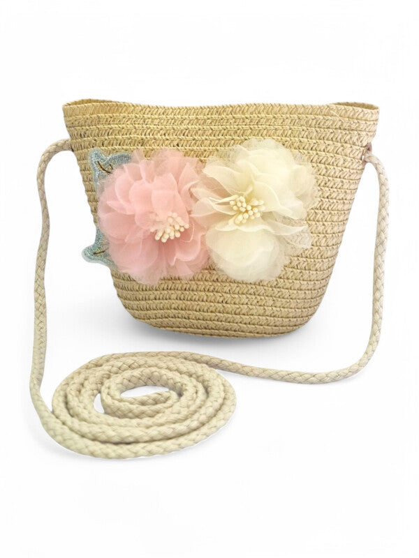 GIRLS STRAW SLING BAG - Flowers - Natural - ±11×14×8 Cm