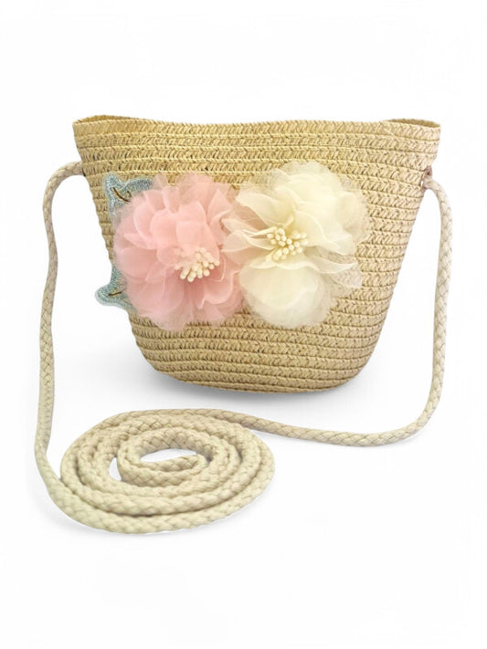 GIRLS STRAW SLING BAG - Flowers - Natural - ±11×14×8 Cm