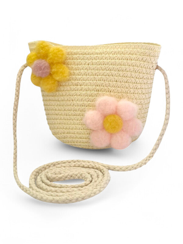GIRLS STRAW SLING BAG - Flowers - Natural - ±11×14×8 Cm