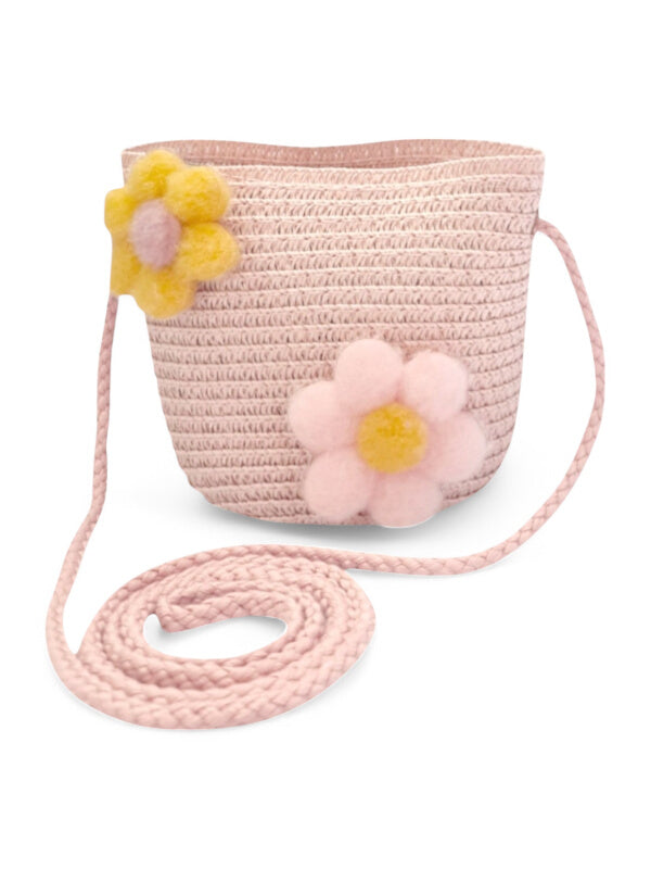 GIRLS STRAW SLING BAG - Flowers - PINK - ±11×14×8 Cm