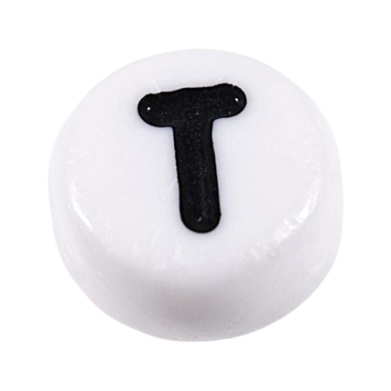 Letter 'T' Alphabet Round Plastic White Letter Beads - 7 mm x 4 mm, Hole 1.2 mm, 100 g ±730-Piece