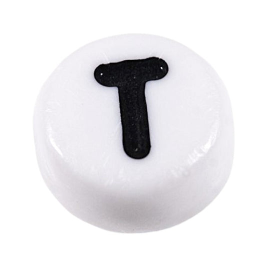 Letter 'T' Alphabet Round Plastic White Letter Beads - 7 mm x 4 mm, Hole 1.2 mm, 100 g ±730-Piece