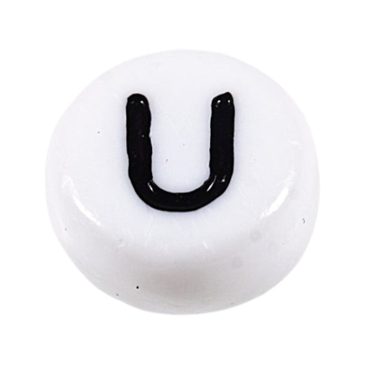 Letter 'U' Alphabet Round Plastic White Letter Beads - 7 mm x 4 mm, Hole 1.2 mm, 100 g ±730-Piece