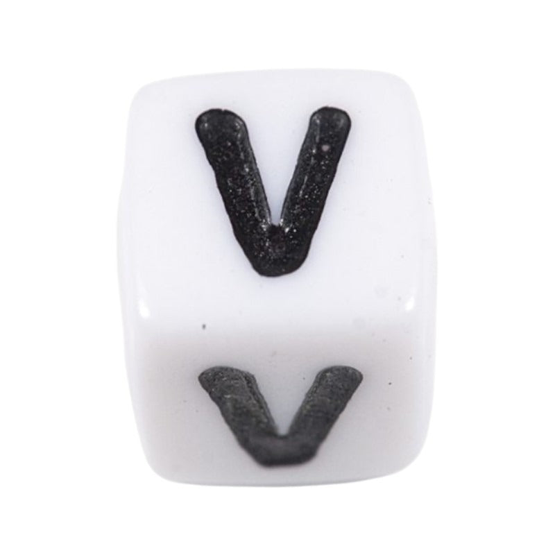 Letter 'V' Alphabet Cube Plastic White Letter Beads - 6 mm x 6 mm, Hole 3.5 mm, 100 g ±600-Piece