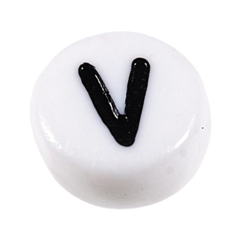 Letter 'V' Alphabet Round Plastic White Letter Beads - 7 mm x 4 mm, Hole 1.2 mm, 100 g ±730-Piece