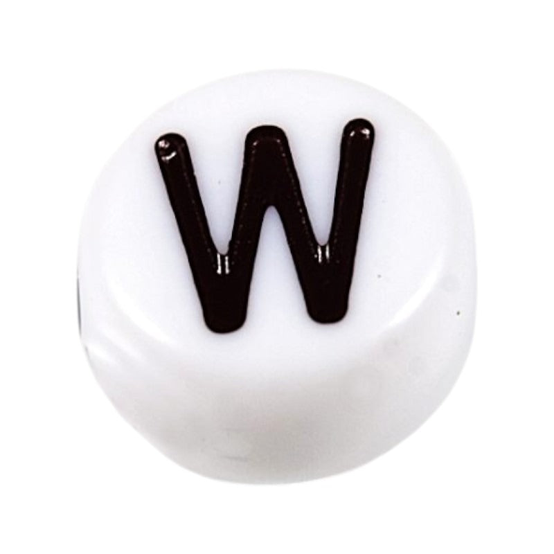 Letter 'W' Alphabet Round Plastic White Letter Beads - 7 mm x 4 mm, Hole 1.2 mm, 100 g ±730-Piece