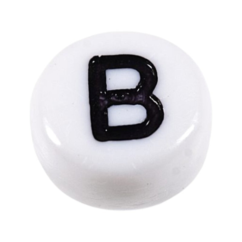 Letter 'B' Alphabet Round Plastic White Letter Beads - 7 mm x 4 mm, Hole 1.2 mm, 100 g ±730-Piece