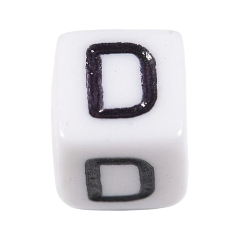 Letter 'D' Alphabet Cube Plastic White Letter Beads - 6 mm x 6 mm, Hole 3.5 mm, 100 g ±600-Piece