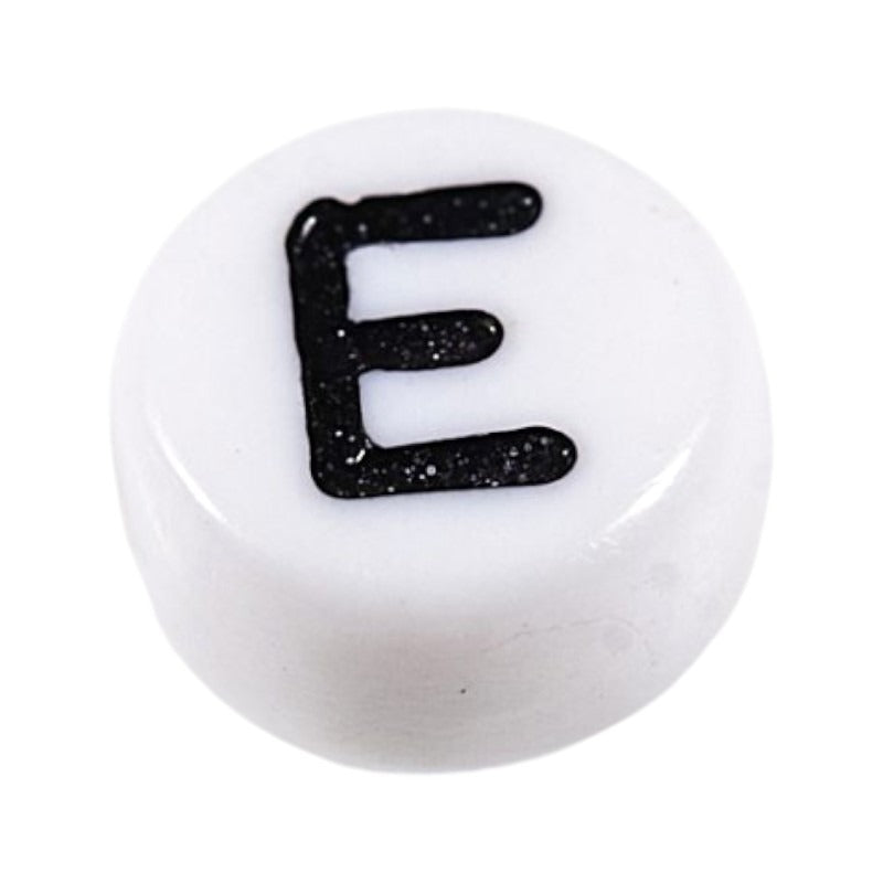 Letter 'E' Alphabet Round Plastic White Letter Beads - 7 mm x 4 mm, Hole 1.2 mm, 100 g ±730-Piece