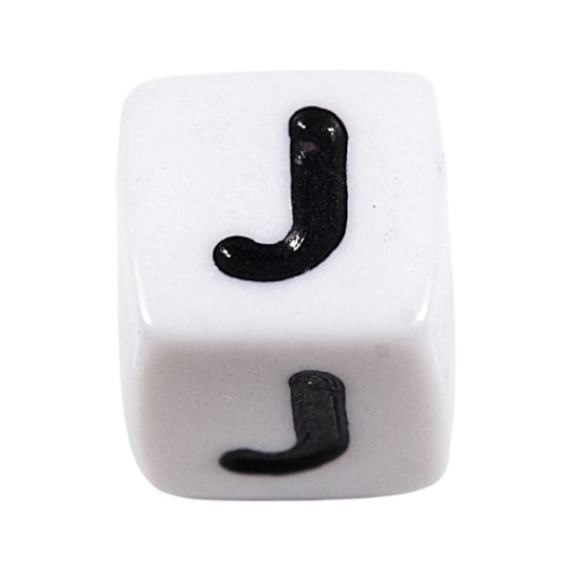 Letter 'J' Alphabet Cube Plastic White Letter Beads - 6 mm x 6 mm, Hole 3.5 mm, 100 g ±600-Piece
