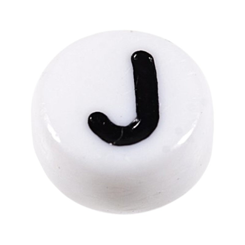 Letter 'J' Alphabet Round Plastic White Letter Beads - 7 mm x 4 mm, Hole 1.2 mm, 100 g ±730-Piece