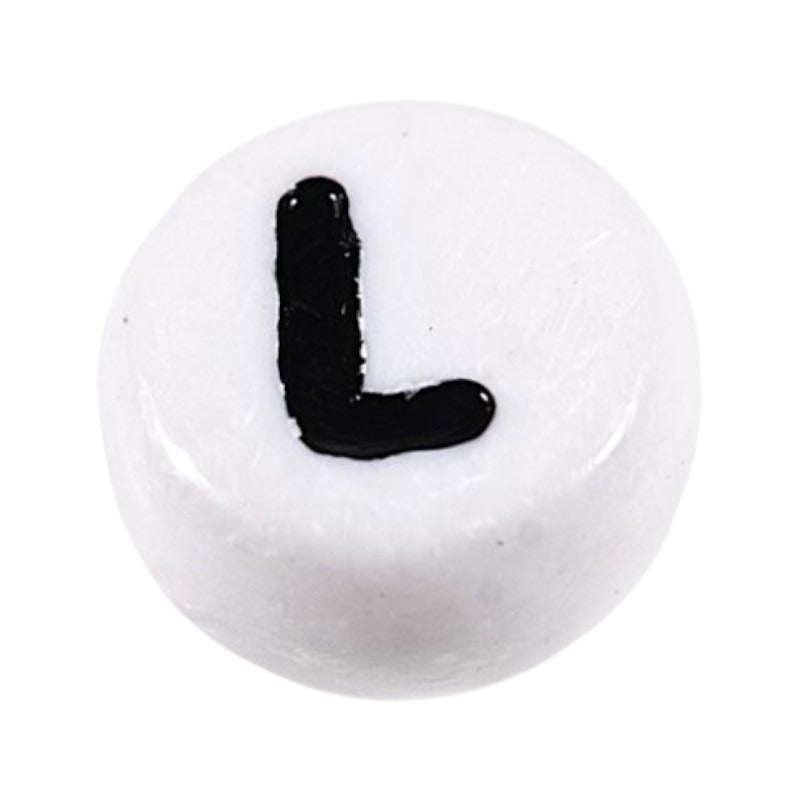 Letter 'L' Alphabet Round Plastic White Letter Beads - 7 mm x 4 mm, Hole 1.2 mm, 100 g ±730-Piece