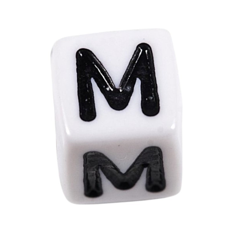 Letter 'M' Alphabet Cube Plastic White Letter Beads - 6 mm x 6 mm, Hole 3.5 mm, 100 g ±600-Piece