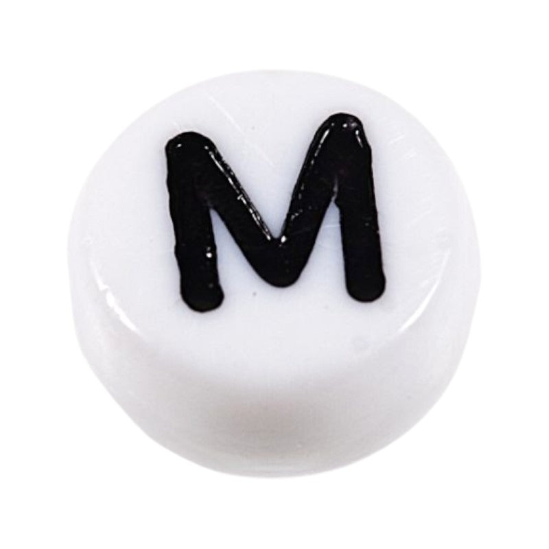 Letter 'M' Alphabet Round Plastic White Letter Beads - 7 mm x 4 mm, Hole 1.2 mm, 100 g ±730-Piece