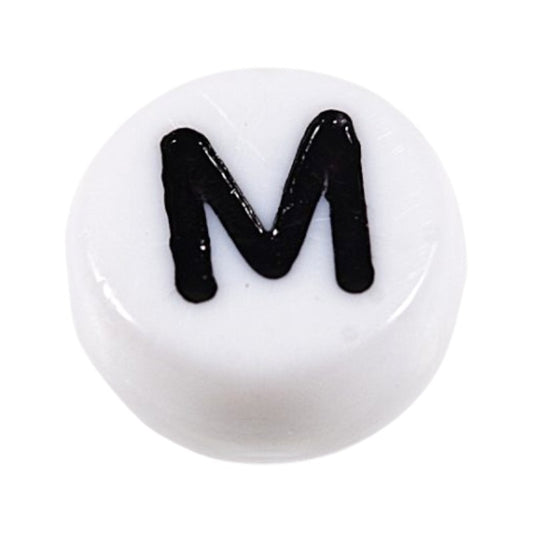 Letter 'M' Alphabet Round Plastic White Letter Beads - 7 mm x 4 mm, Hole 1.2 mm, 100 g ±730-Piece