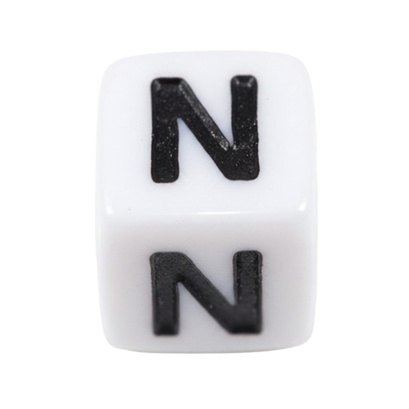 Letter 'N' Alphabet Cube Plastic White Letter Beads - 6 mm x 6 mm, Hole 3.5 mm, 100 g ±600-Piece