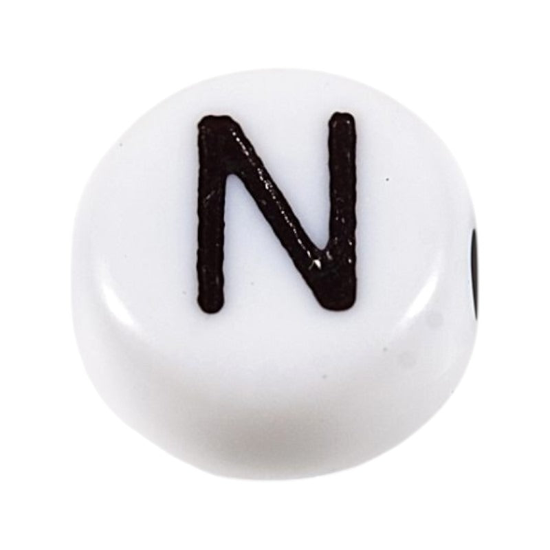 Letter 'N' Alphabet Round Plastic White Letter Beads - 7 mm x 4 mm, Hole 1.2 mm, 100 g ±730-Piece