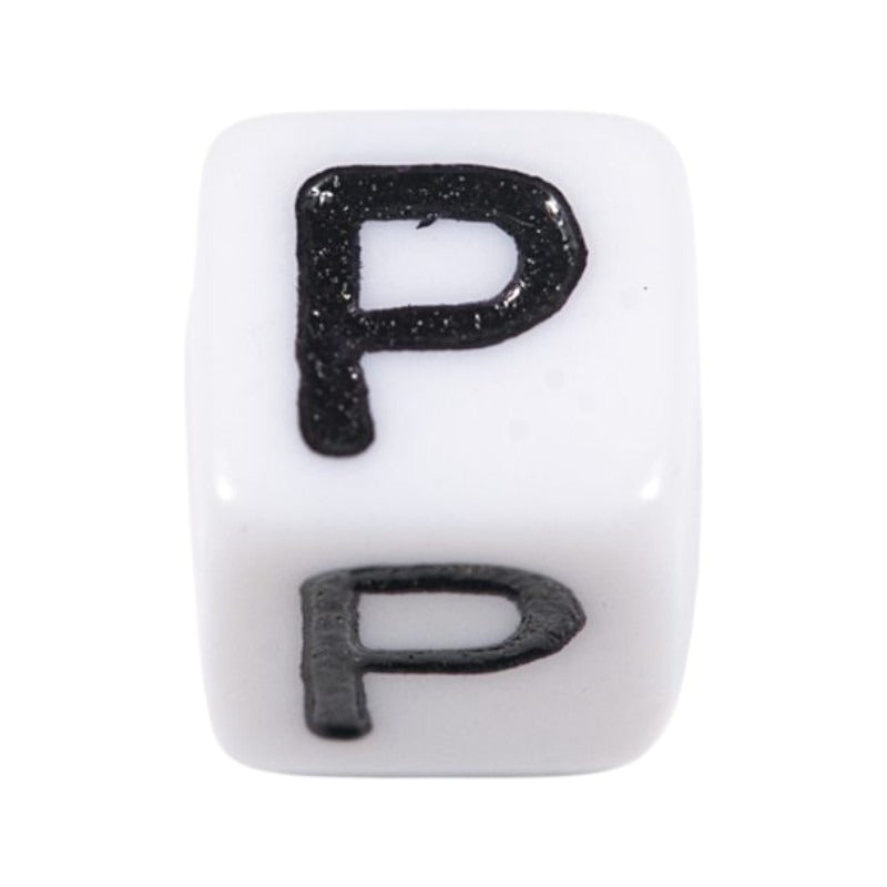 Letter 'P' Alphabet Cube Plastic White Letter Beads - 6 mm x 6 mm, Hole 3.5 mm, 100 g ±600-Piece