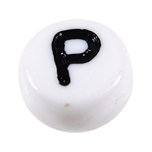 Letter 'P' Alphabet Round Plastic White Letter Beads - 7 mm x 4 mm, Hole 1.2 mm, 100 g ±730-Piece