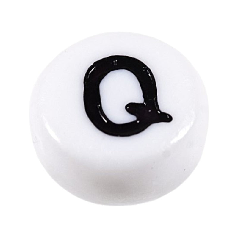 Letter 'Q' Alphabet Round Plastic White Letter Beads - 7 mm x 4 mm, Hole 1.2 mm, 100 g ±730-Piece