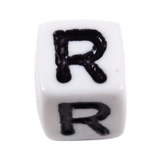 Letter 'R' Alphabet Cube Plastic White Letter Beads - 6 mm x 6 mm, Hole 3.5 mm, 100 g ±600-Piece