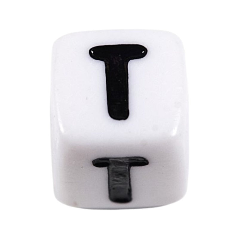Letter 'T' Alphabet Cube Plastic White Letter Beads - 6 mm x 6 mm, Hole 3.5 mm, 100 g ±600-Piece