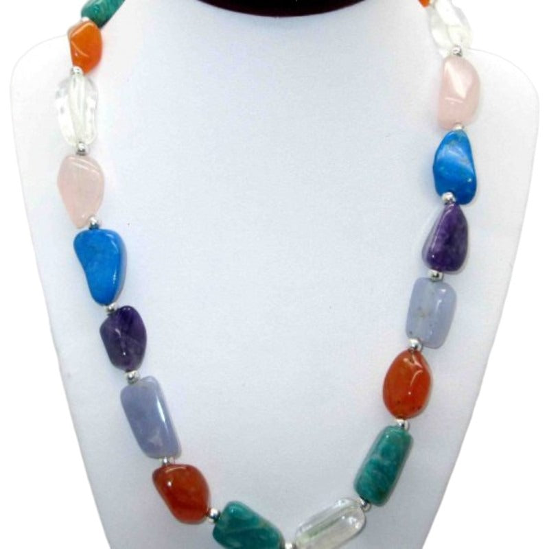 Necklace - SEMI Precious MIXED Stones WITH 4 Mm Spacer AND METAL CLASP - Single Strand 54 Cm