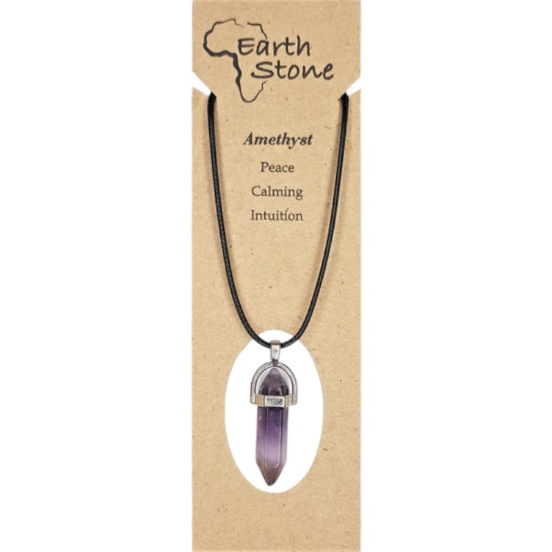 EARTH STONE - Amethyst - Hexagonal Bullet Shaped Pendant ON WAXED CORD WITH CLASP - Design a