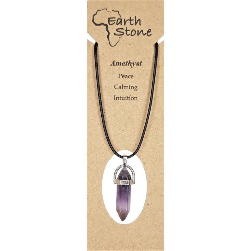 Earth Stone Beads - Amethyst, Hexagonal Bullet Shaped Pendant On Waxed Cord With Clasp, Design A