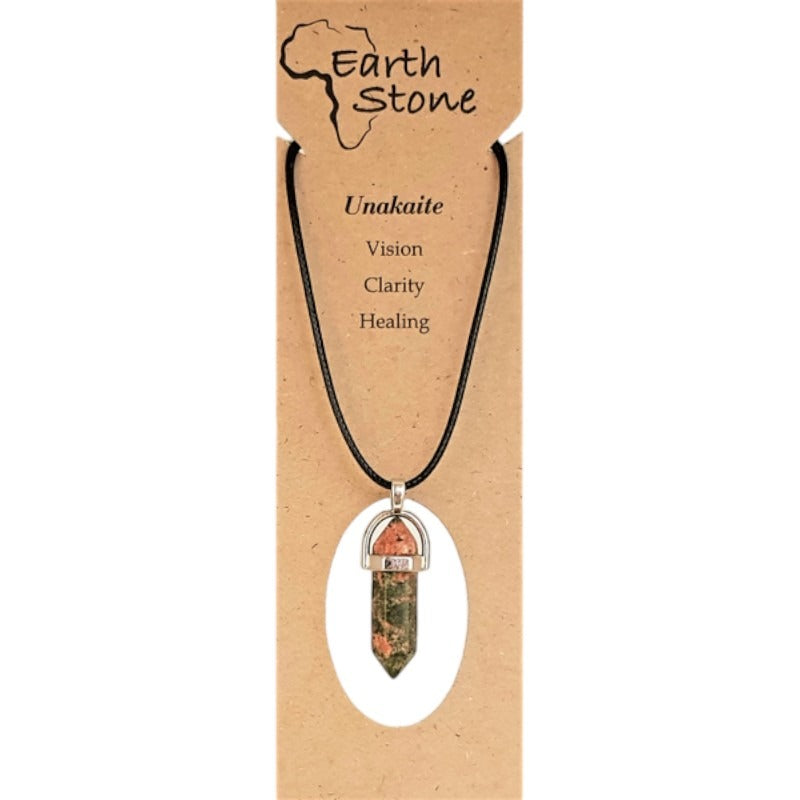 Earth Stone Beads - Unakite, Hexagonal Bullet Shaped Pendant On Waxed Cord With Clasp, Design A