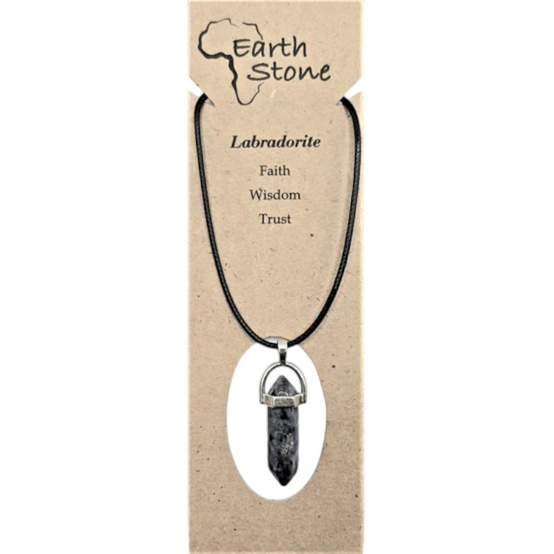 Earth Stone Beads - Labradorite, Hexagonal Bullet Shaped Pendant On Waxed Cord With Clasp, Design A