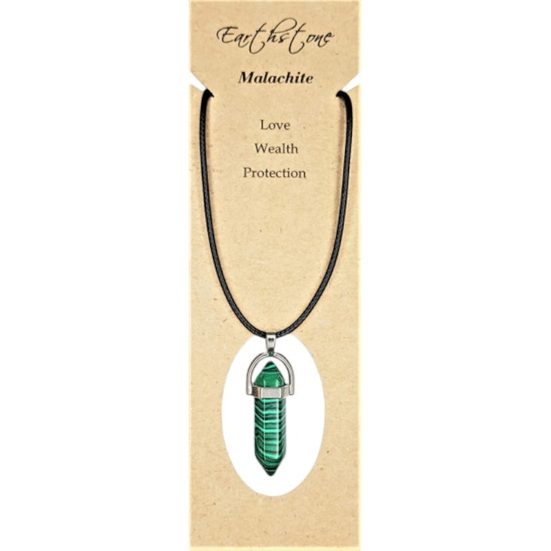 Earth Stone Beads - Malachite, Hexagonal Bullet Shaped Pendant On Waxed Cord With Clasp, Design A