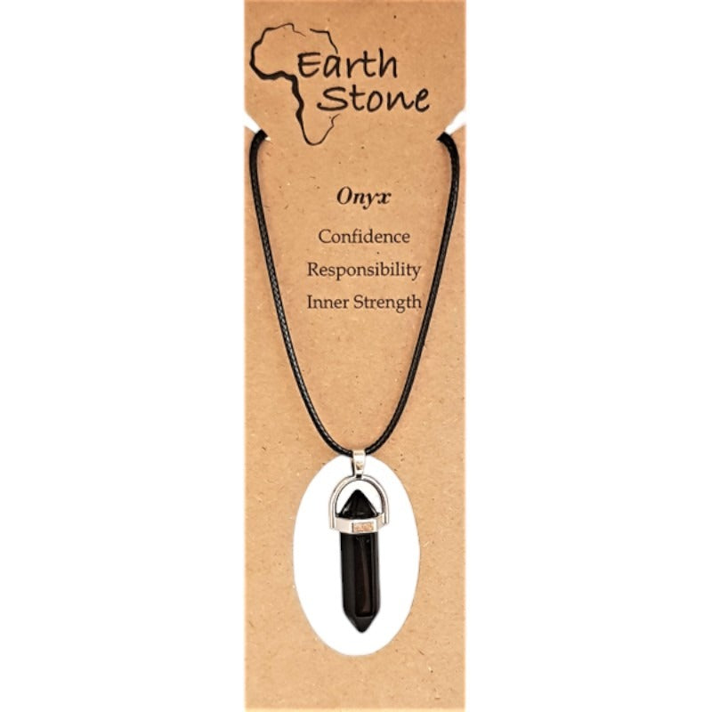 Earth Stone Beads - Onyx, Hexagonal Bullet Shaped Pendant On Waxed Cord With Clasp, Design A