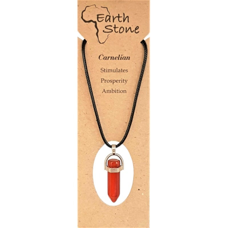 Earth Stone Beads - Carnelian, Hexagonal Bullet Shaped Pendant On Waxed Cord With Clasp, Design A