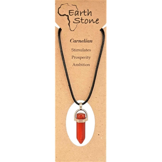 Earth Stone Beads - Carnelian, Hexagonal Bullet Shaped Pendant On Waxed Cord With Clasp, Design A