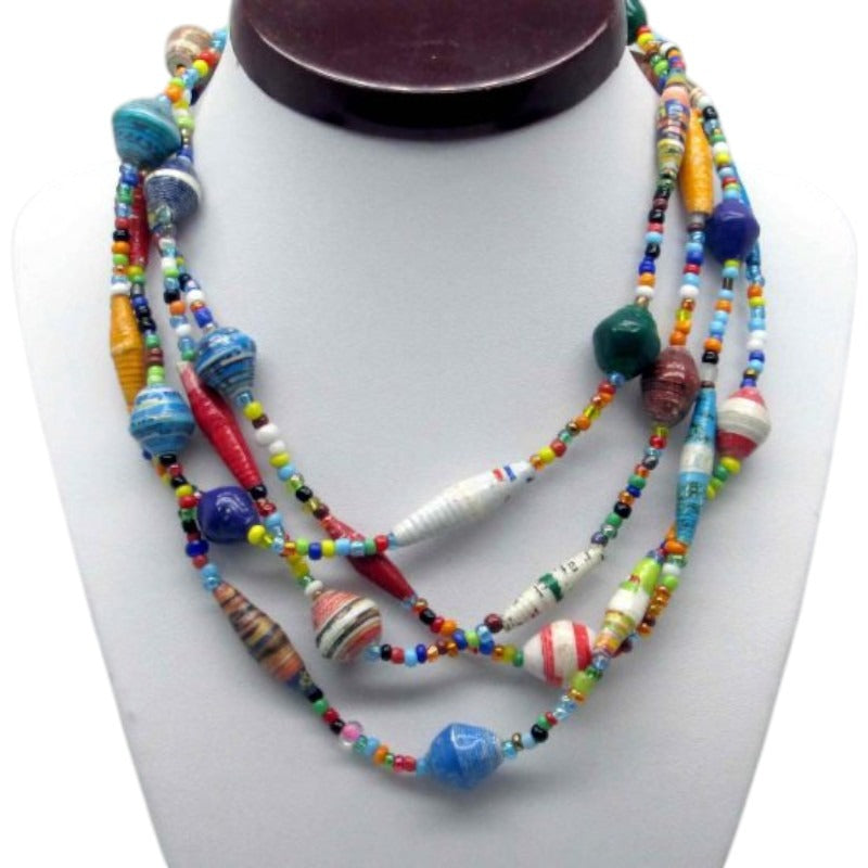 Necklace - Paper Bead With Seedbead Multi - Colour Necklace - Single Strand 170 cm