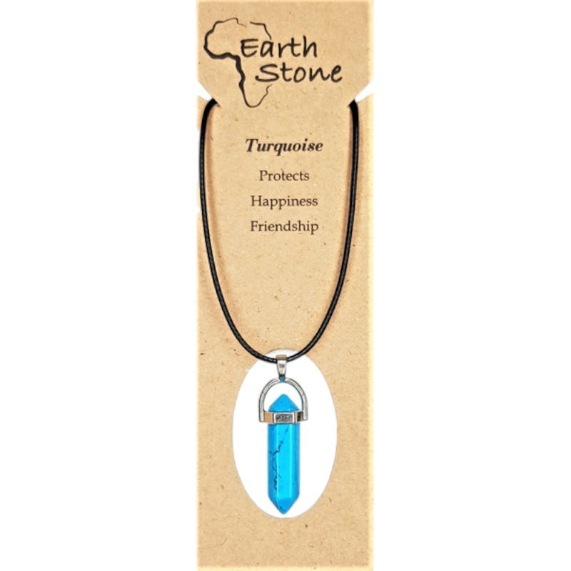 Earth Stone Beads - Turquoise, Hexagonal Bullet Shaped Pendant On Waxed Cord With Clasp, Design A