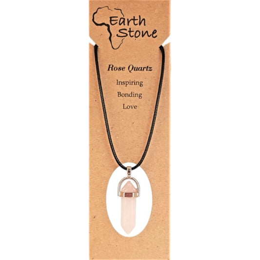 Earth Stone Beads - Roze Quarts, Hexagonal Bullet Shaped Pendant On Waxed Cord With Clasp, Design A