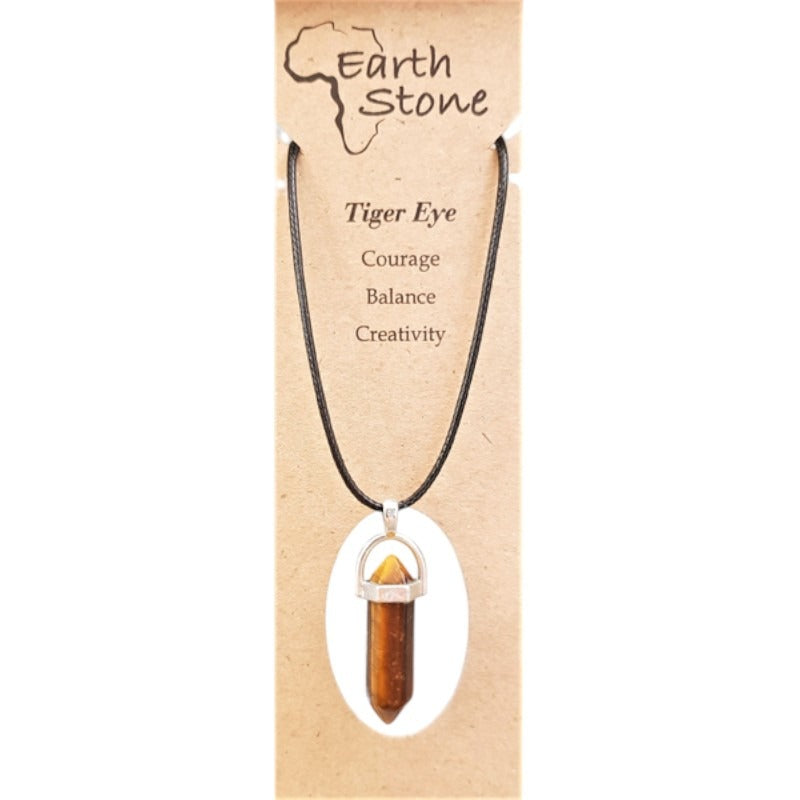 Earth Stone Beads - Tiger Eye, Hexagonal Bullet Shaped Pendant On Waxed Cord With Clasp, Design A