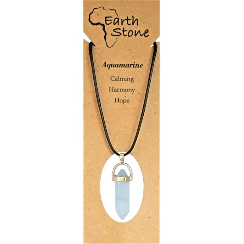 Earth Stone Beads - Aquamarine, Hexagonal Bullet Shaped Pendant On Waxed Cord With Clasp, Design A