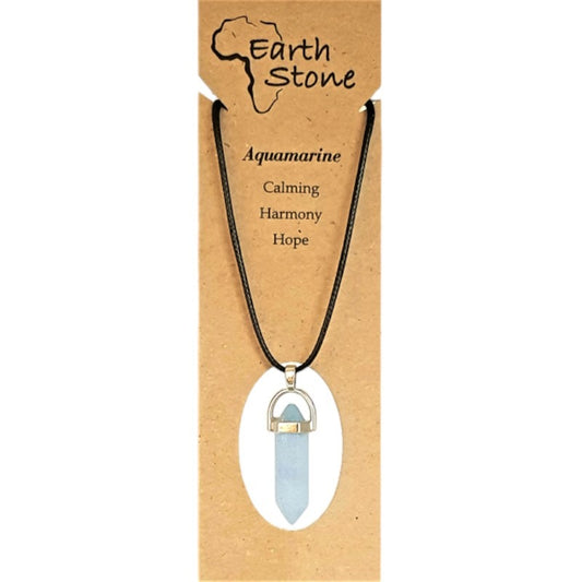 Earth Stone Beads - Aquamarine, Hexagonal Bullet Shaped Pendant On Waxed Cord With Clasp, Design A