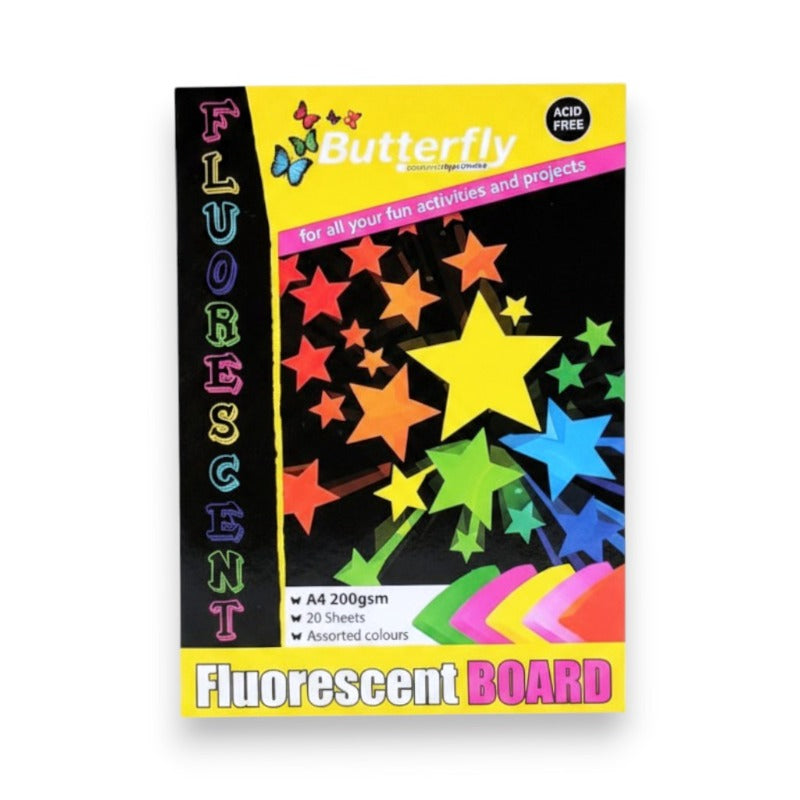 A4 Fluorescent 20 Sheet Pad Assorted Colours Bright Board - 200gsm