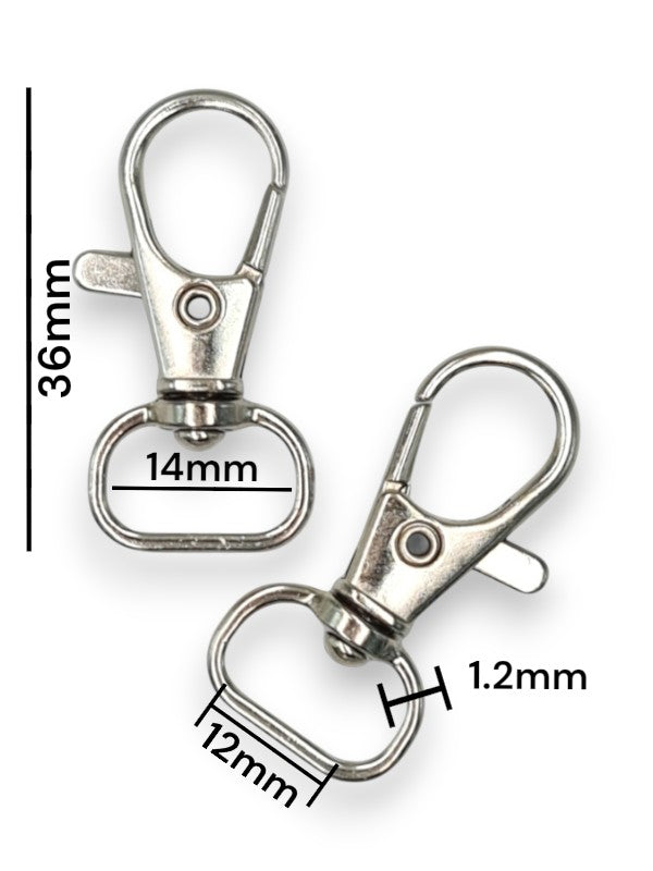 Trigger Snap Hook - Silver, Strap Width ±12 mm, Max ±14 mm, Thickness ±1.2 mm, Height Of Metal Bag Part ±36 mm, ±40-Piece (ba