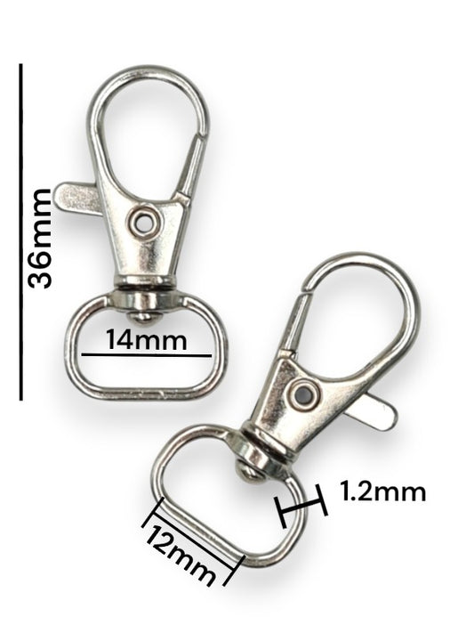Trigger Snap Hook - Silver, Strap Width ±12 mm, Max ±14 mm, Thickness ±1.2 mm, Height Of Metal Bag Part ±36 mm, ±40-Piece (ba