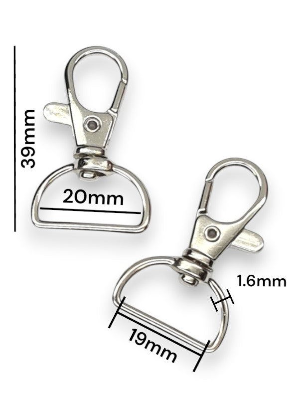 Trigger Snap Hook - Silver, Strap Width ±19 mm, Max ±20 mm, Thickness ±1.6 mm, Height Of Metal Bag Part ±39 mm, ±20-Piece