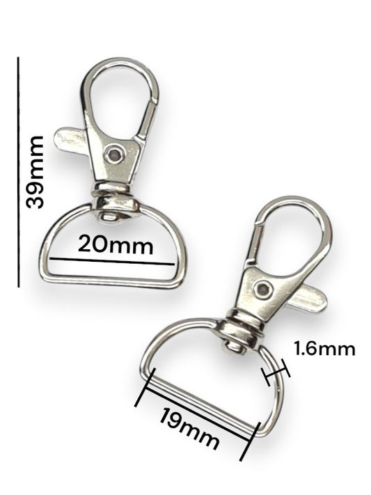 Trigger Snap Hook - Silver, Strap Width ±19 mm, Max ±20 mm, Thickness ±1.6 mm, Height Of Metal Bag Part ±39 mm, ±20-Piece