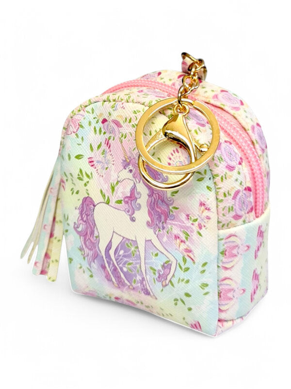 Kids Coin Purse Keyring - Unicorn With Flowers, ±9×8×4 cm
