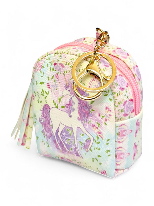Kids Coin Purse Keyring - Unicorn With Flowers, ±9×8×4 cm