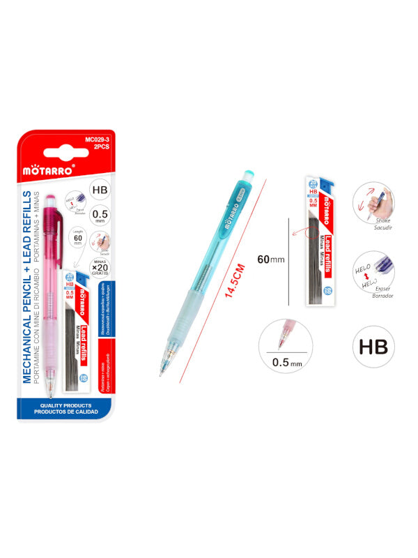 Motarro Mechanical Pencil And Lead Refills - Pink, 0.5 mm, 2-Piece