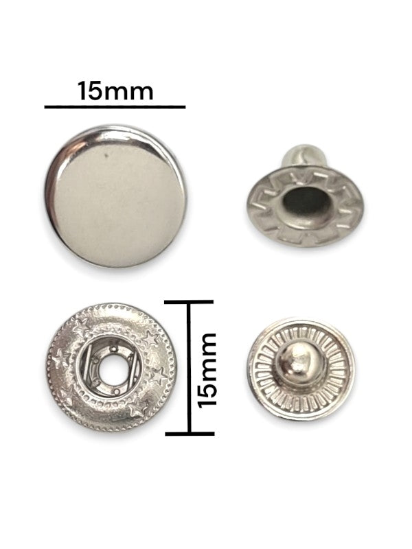 Press Studs - Silver, 15 mm, ( Material: Stainless Steel), ±50 Sets